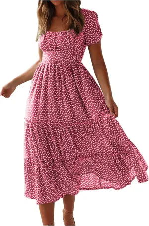Women Boho Dress Summer Maxi Dress Polka Dot Sundress Short Sleeve A Line Tiered Dresses Flowy Beach Vacation Dress