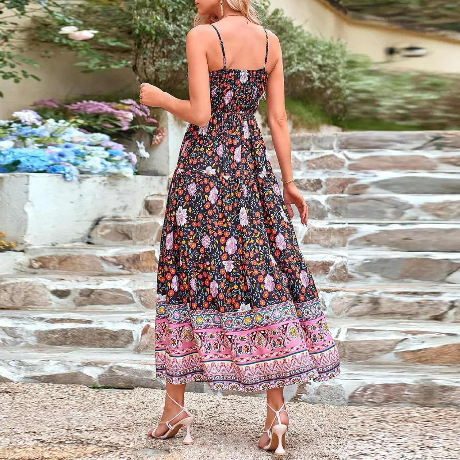 Women Boho Graffiti Long Dress Graphic Spaghetti Strap Flowy Dress Square Neck Colorful A Line Sundress 2024 Trendy