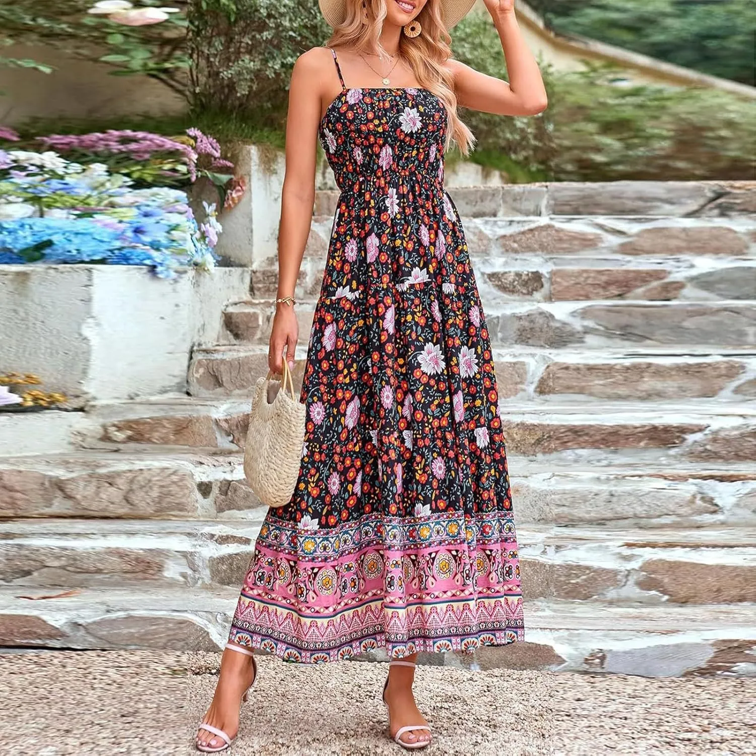Women Boho Graffiti Long Dress Graphic Spaghetti Strap Flowy Dress Square Neck Colorful A Line Sundress 2024 Trendy
