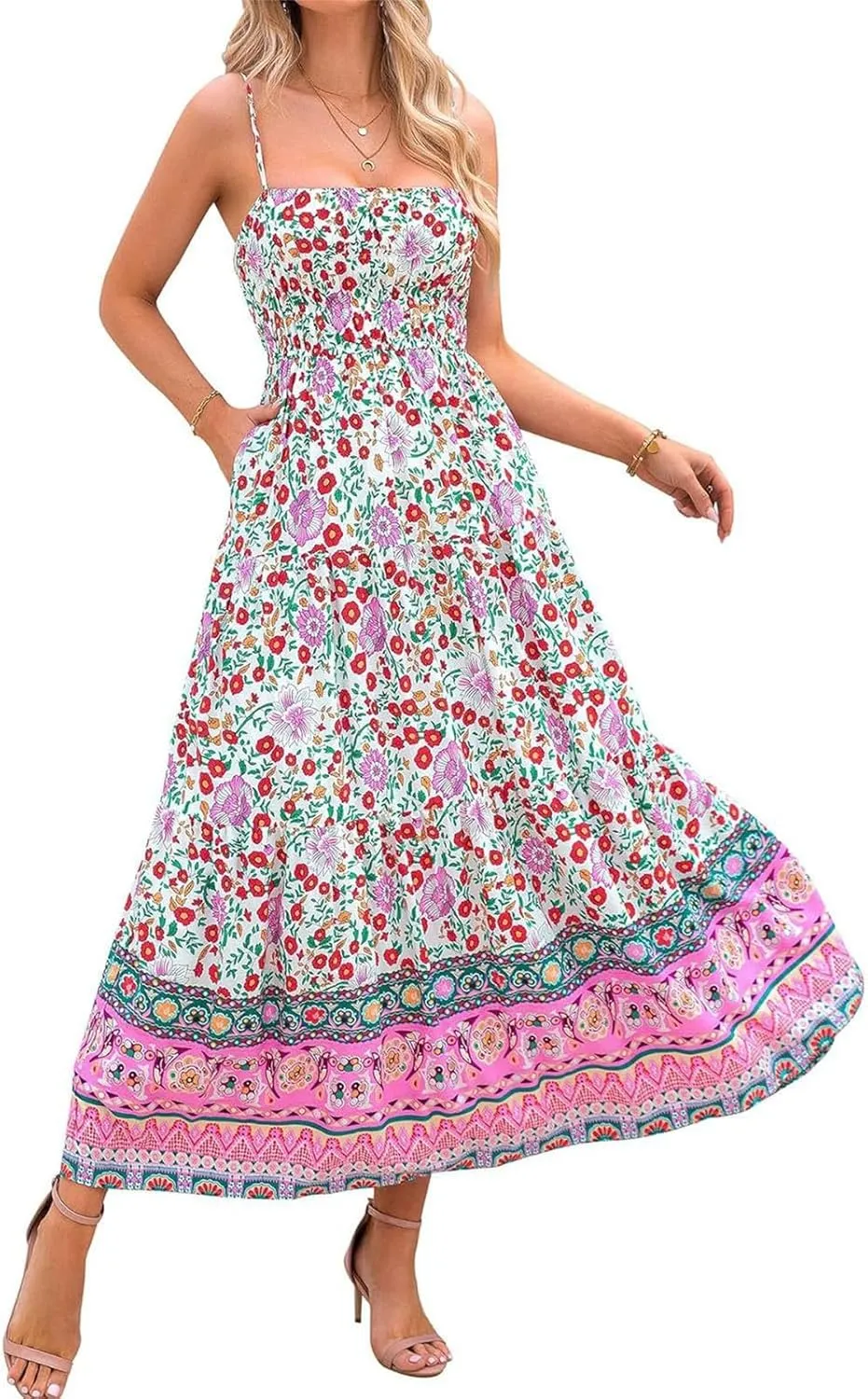 Women Boho Graffiti Long Dress Graphic Spaghetti Strap Flowy Dress Square Neck Colorful A Line Sundress 2024 Trendy