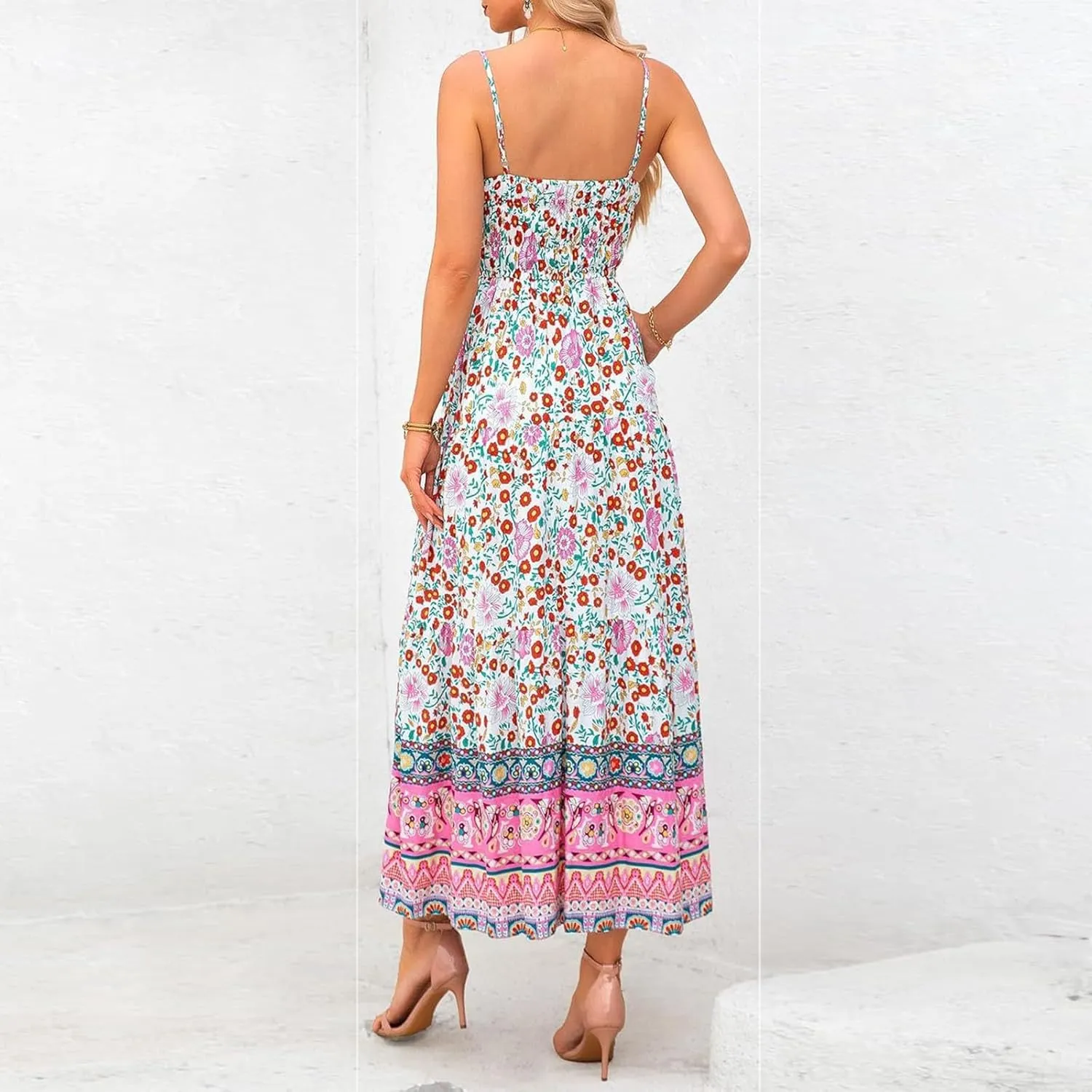 Women Boho Graffiti Long Dress Graphic Spaghetti Strap Flowy Dress Square Neck Colorful A Line Sundress 2024 Trendy