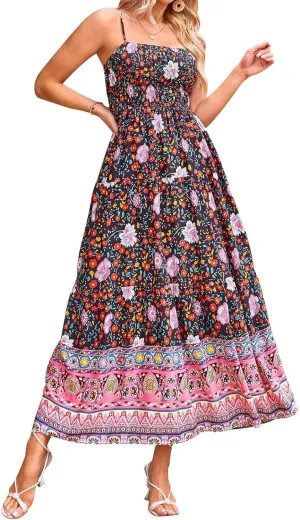 Women Boho Graffiti Long Dress Graphic Spaghetti Strap Flowy Dress Square Neck Colorful A Line Sundress 2024 Trendy