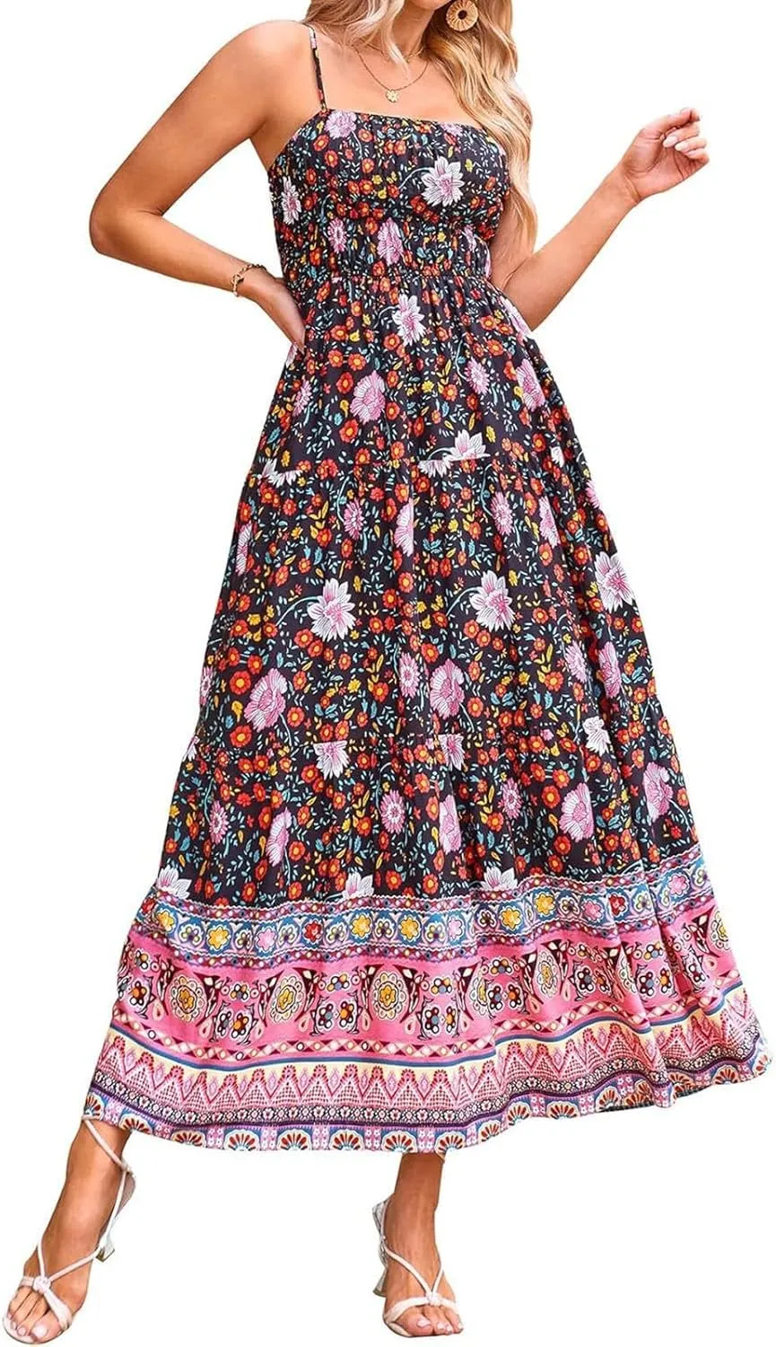 Women Boho Graffiti Long Dress Graphic Spaghetti Strap Flowy Dress Square Neck Colorful A Line Sundress 2024 Trendy