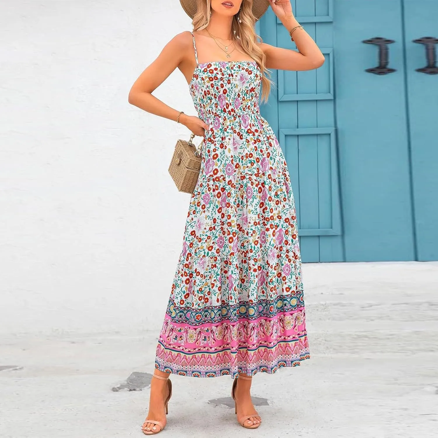 Women Boho Graffiti Long Dress Graphic Spaghetti Strap Flowy Dress Square Neck Colorful A Line Sundress 2024 Trendy