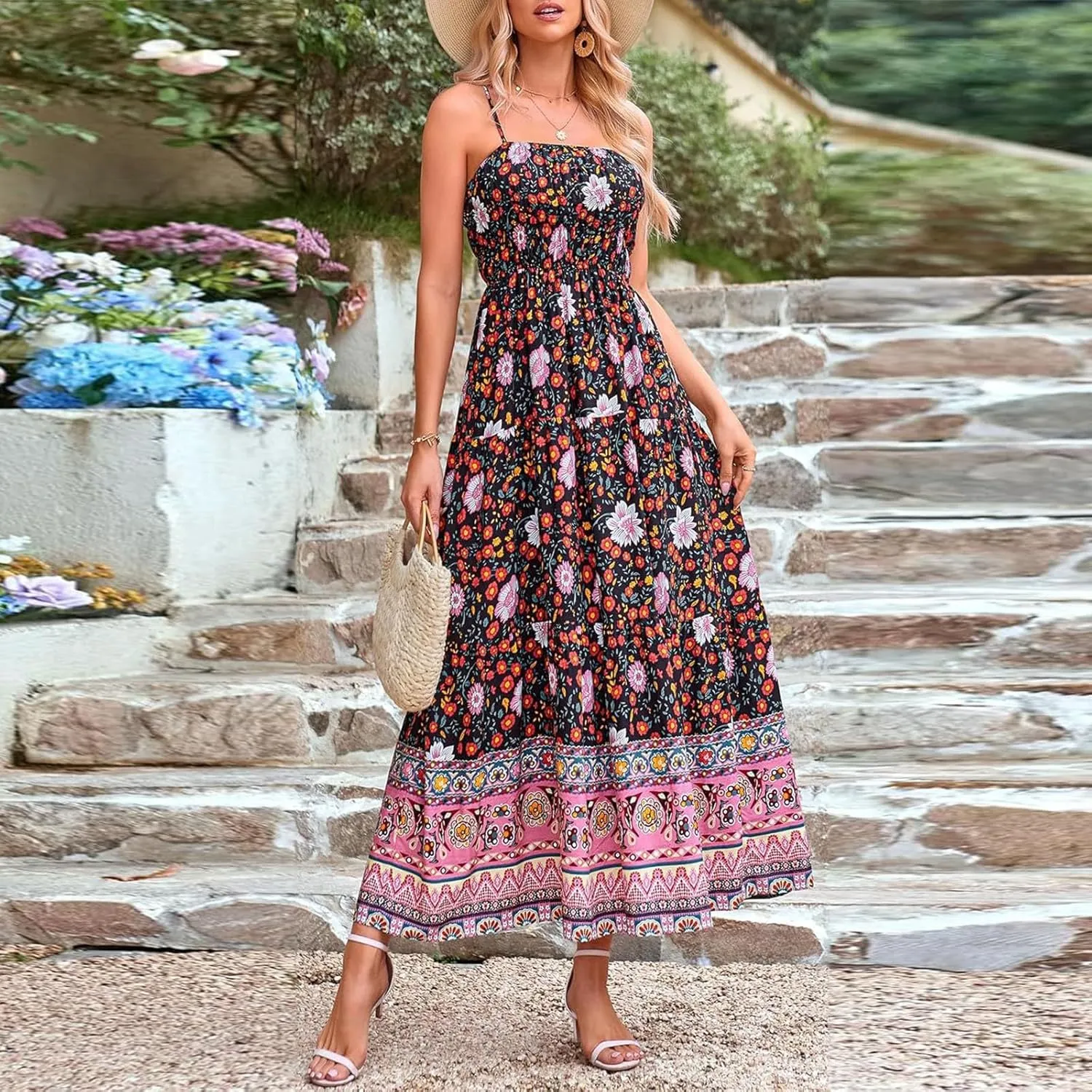 Women Boho Graffiti Long Dress Graphic Spaghetti Strap Flowy Dress Square Neck Colorful A Line Sundress 2024 Trendy