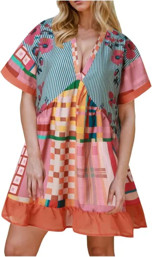 Women Boho Summer Dresses Y2K Babydoll Flowy Dress Ruffle Mini Dress Deep V-Neck Casual Floral Sundress 2025 Clothes