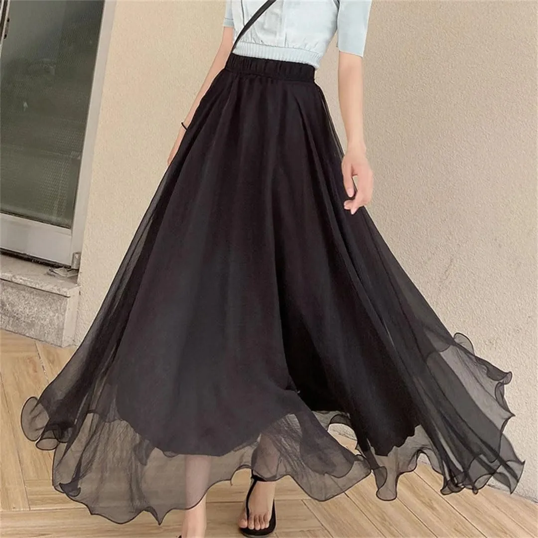 Women Casual Long Skirts Pleated Midi Skirts Beach Boho Ruffles Summer Skirts