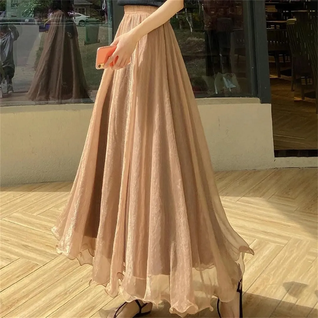 Women Casual Long Skirts Pleated Midi Skirts Beach Boho Ruffles Summer Skirts