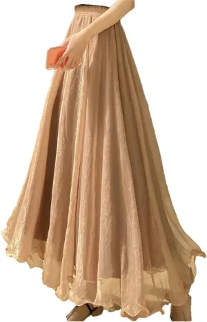 Women Casual Long Skirts Pleated Midi Skirts Beach Boho Ruffles Summer Skirts
