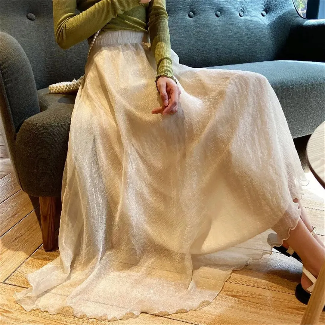 Women Casual Long Skirts Pleated Midi Skirts Beach Boho Ruffles Summer Skirts