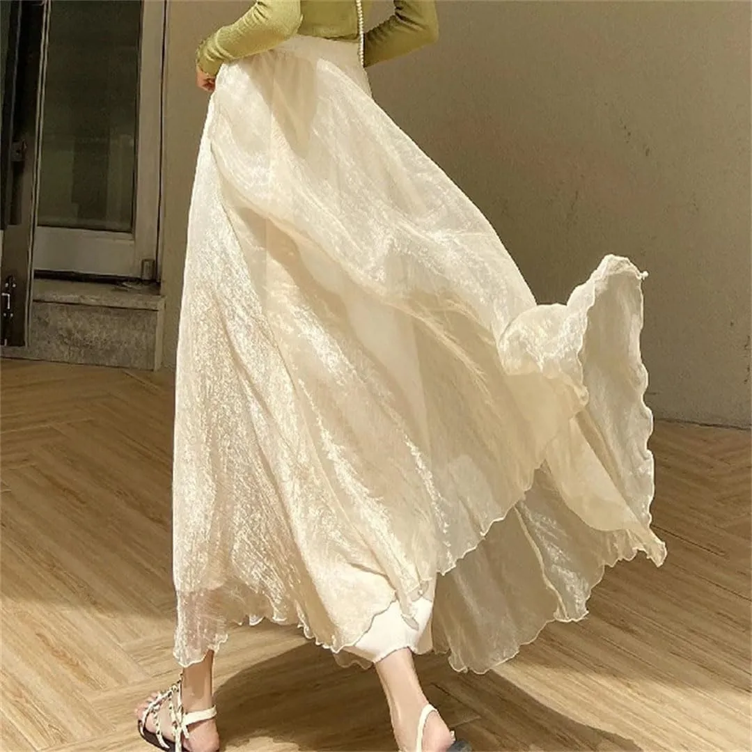 Women Casual Long Skirts Pleated Midi Skirts Beach Boho Ruffles Summer Skirts