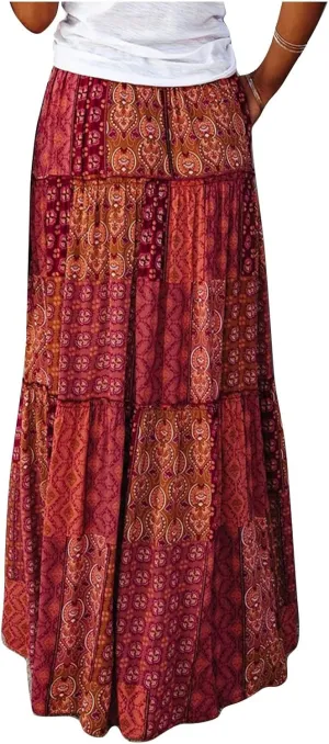 Women Chiffon Elastic High Waist Tie Paisley Print Maxi Skirt Summer Boho A-Line Flowy Ruffle Tiered Beach Skirts
