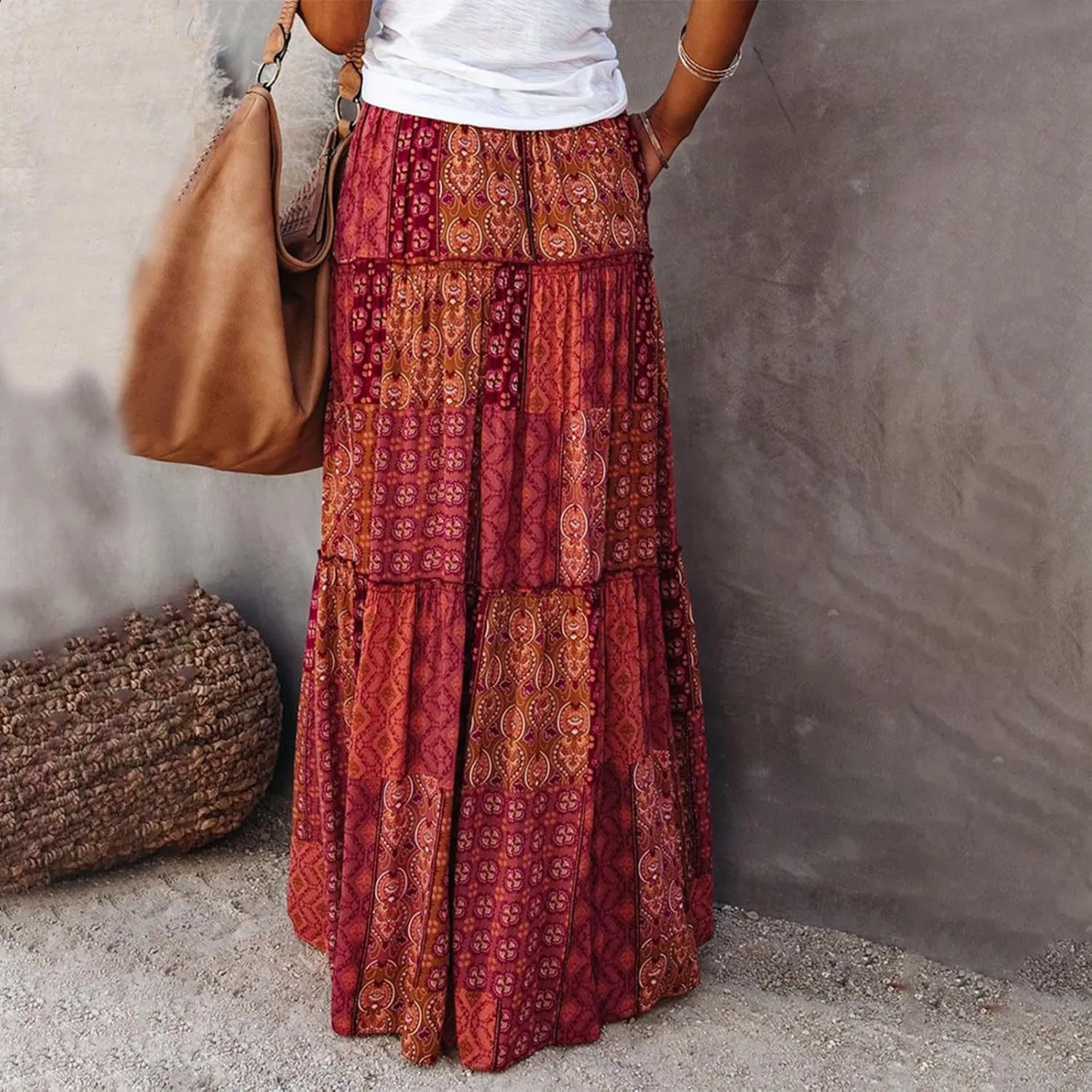 Women Chiffon Elastic High Waist Tie Paisley Print Maxi Skirt Summer Boho A-Line Flowy Ruffle Tiered Beach Skirts
