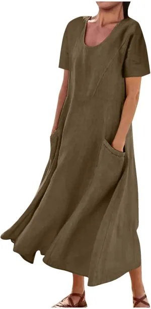 Women Flowy Cotton Linen Midi Dress Short Sleeve Casual Summer Dresses A Line Beach Dresses with Pockets