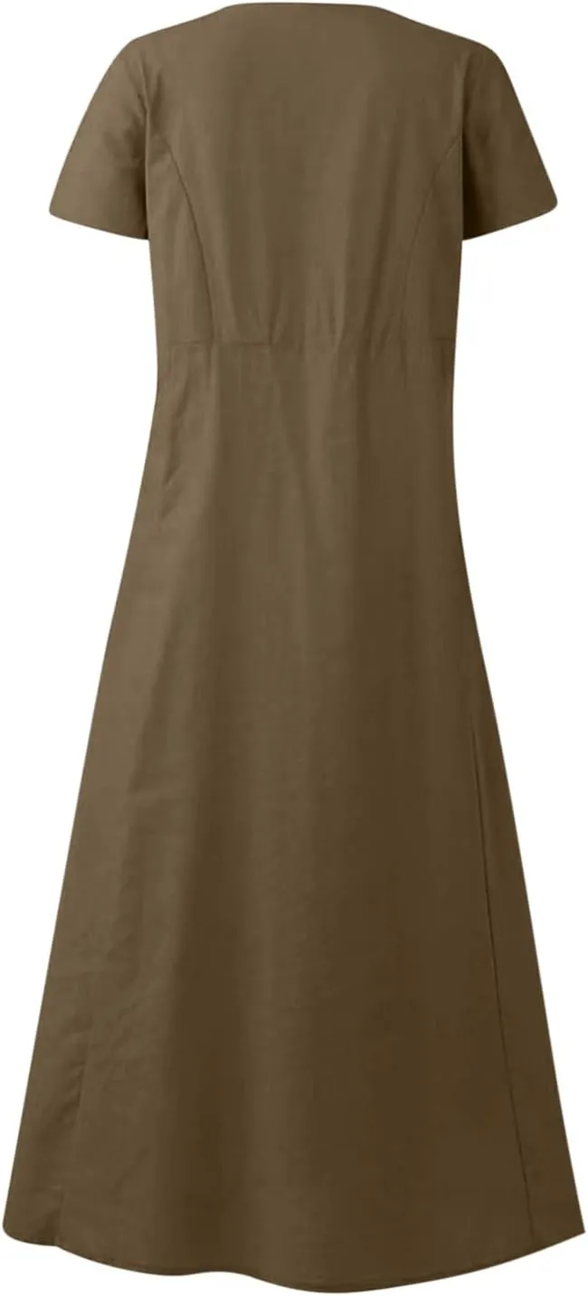 Women Flowy Cotton Linen Midi Dress Short Sleeve Casual Summer Dresses A Line Beach Dresses with Pockets