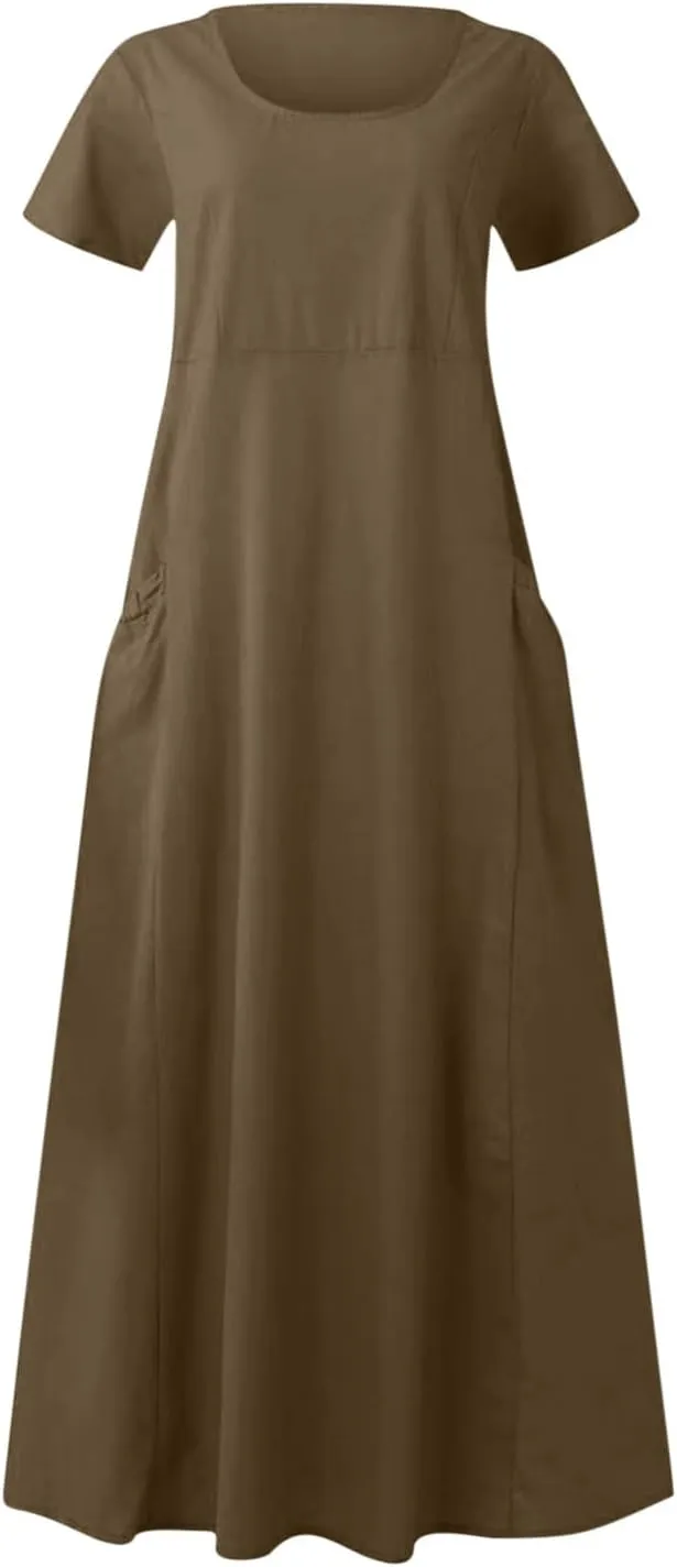 Women Flowy Cotton Linen Midi Dress Short Sleeve Casual Summer Dresses A Line Beach Dresses with Pockets