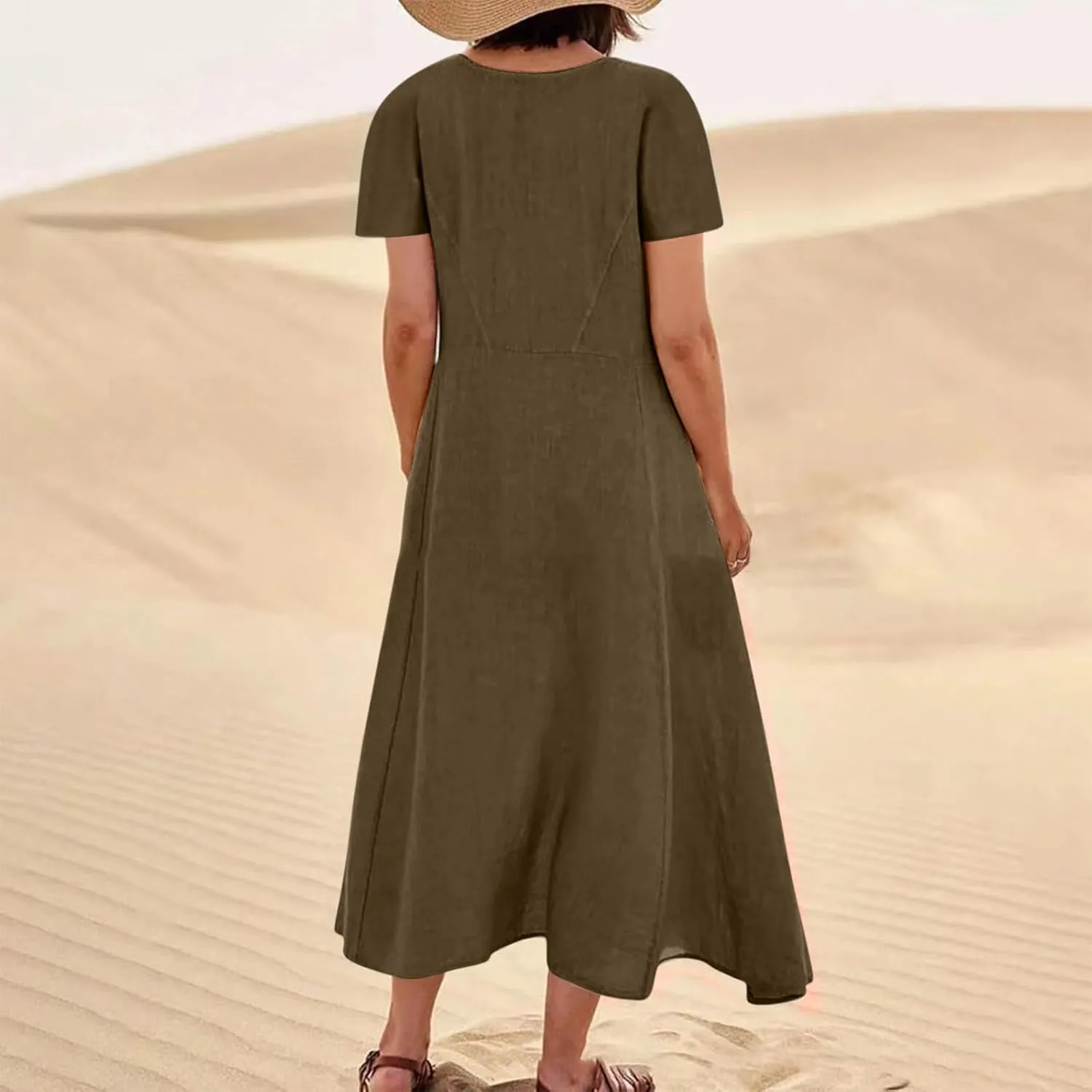 Women Flowy Cotton Linen Midi Dress Short Sleeve Casual Summer Dresses A Line Beach Dresses with Pockets