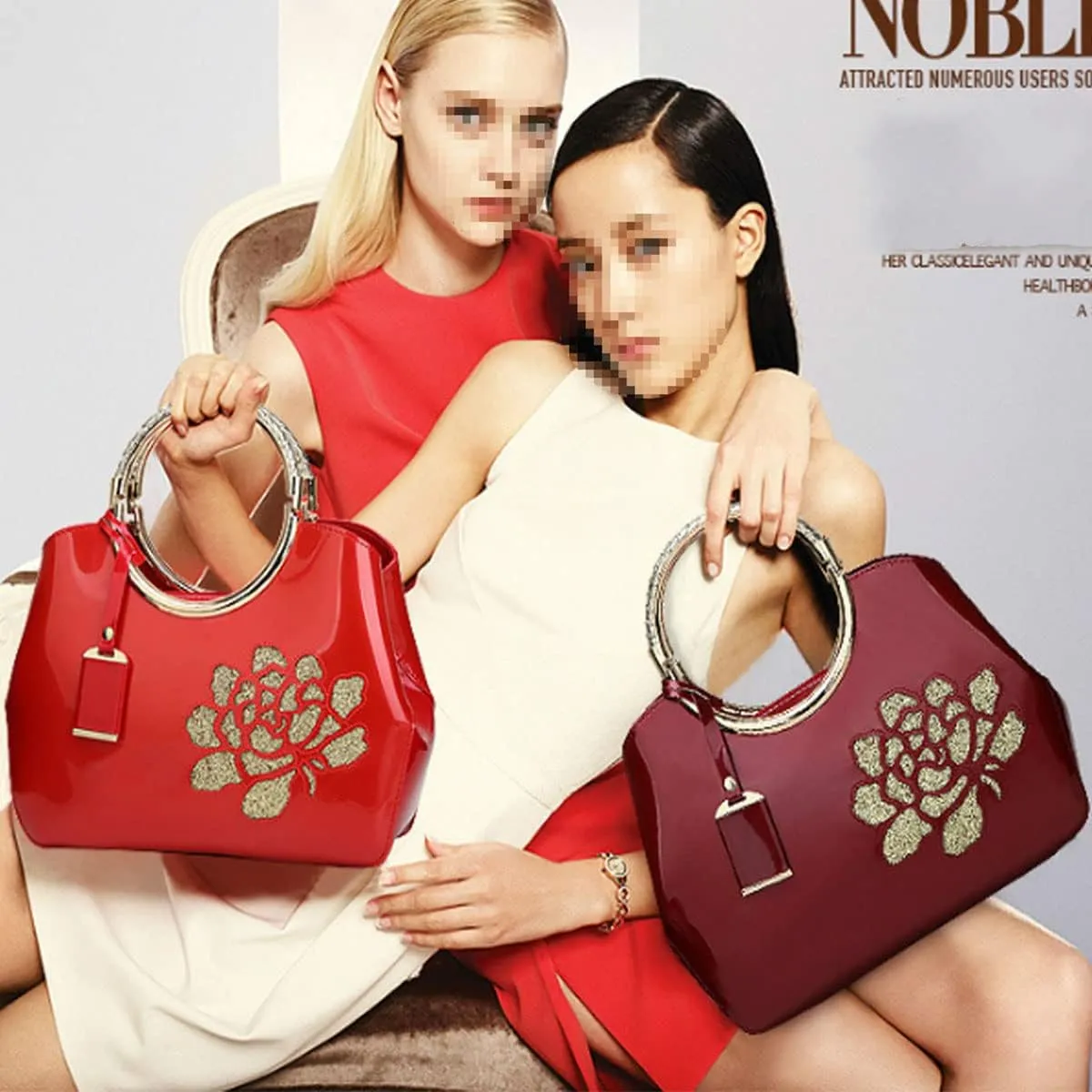 Women Handbag Patent Leather Flower Pattern Satchel Charm Glossy Purse Metal Grip Structured Shoulder Bag