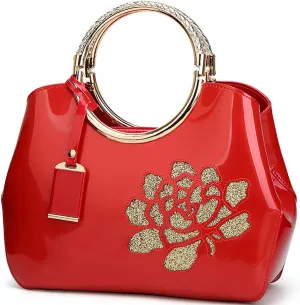 Women Handbag Patent Leather Flower Pattern Satchel Charm Glossy Purse Metal Grip Structured Shoulder Bag