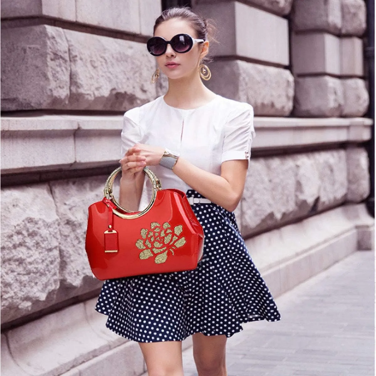 Women Handbag Patent Leather Flower Pattern Satchel Charm Glossy Purse Metal Grip Structured Shoulder Bag