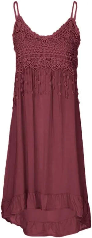 Women Lace Patchwork Boho Midi Dress Summer Ruffle Spaghetti Strap Cami Dresses Flowy Swing Sundress 2025 Plus Size