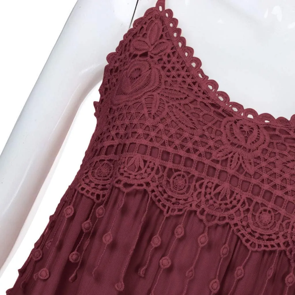 Women Lace Patchwork Boho Midi Dress Summer Ruffle Spaghetti Strap Cami Dresses Flowy Swing Sundress 2025 Plus Size
