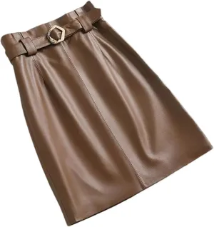 Women Leather Midi Skirt Square Buckle Belt Versatile Sheepskin High Waisted Stretch Pleated ASkirt