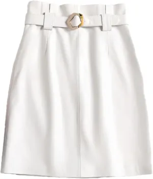 Women Leather Midi Skirt Square Buckle Belt Versatile Sheepskin High Waisted Stretch Pleated ASkirt