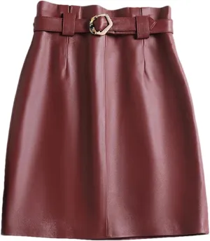 Women Leather Midi Skirt Square Buckle Belt Versatile Sheepskin High Waisted Stretch Pleated ASkirt