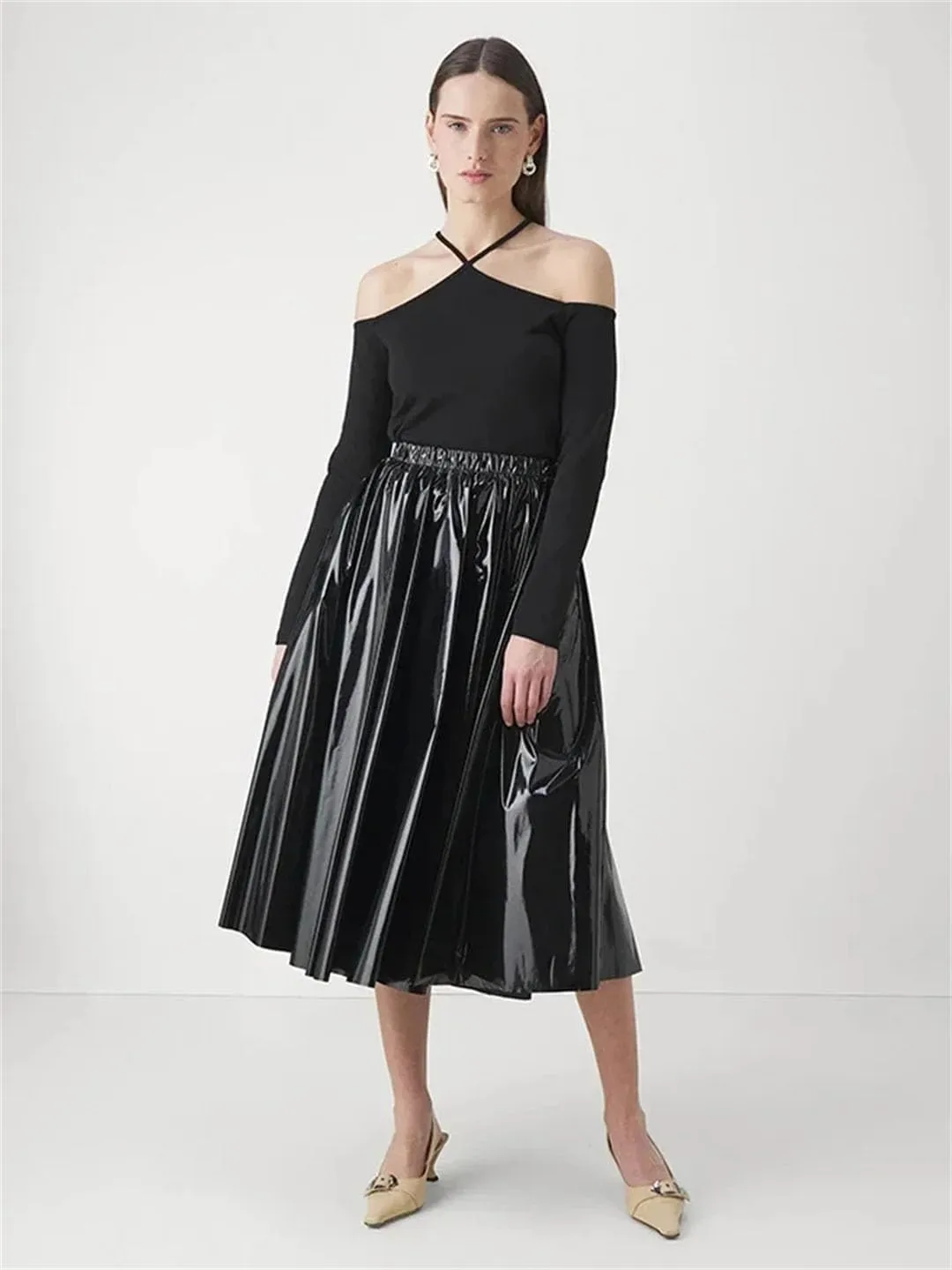 Women Leather Pleated Midi Skirts Waist Skirts Stretch Elegant Knee Length Skirts