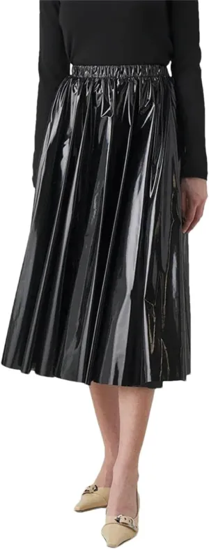 Women Leather Pleated Midi Skirts Waist Skirts Stretch Elegant Knee Length Skirts