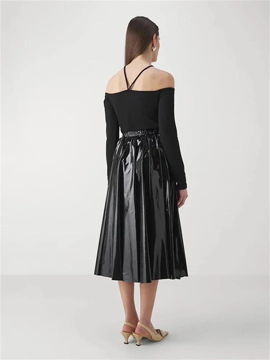 Women Leather Pleated Midi Skirts Waist Skirts Stretch Elegant Knee Length Skirts