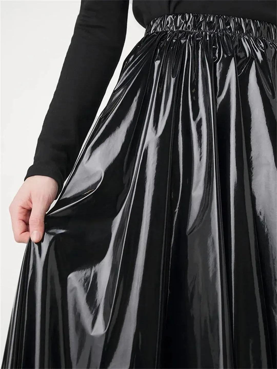 Women Leather Pleated Midi Skirts Waist Skirts Stretch Elegant Knee Length Skirts