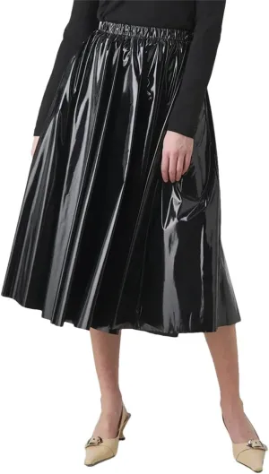 Women Leather Pleated Midi Skirts Waist Skirts Stretch Elegant Knee Length Skirts
