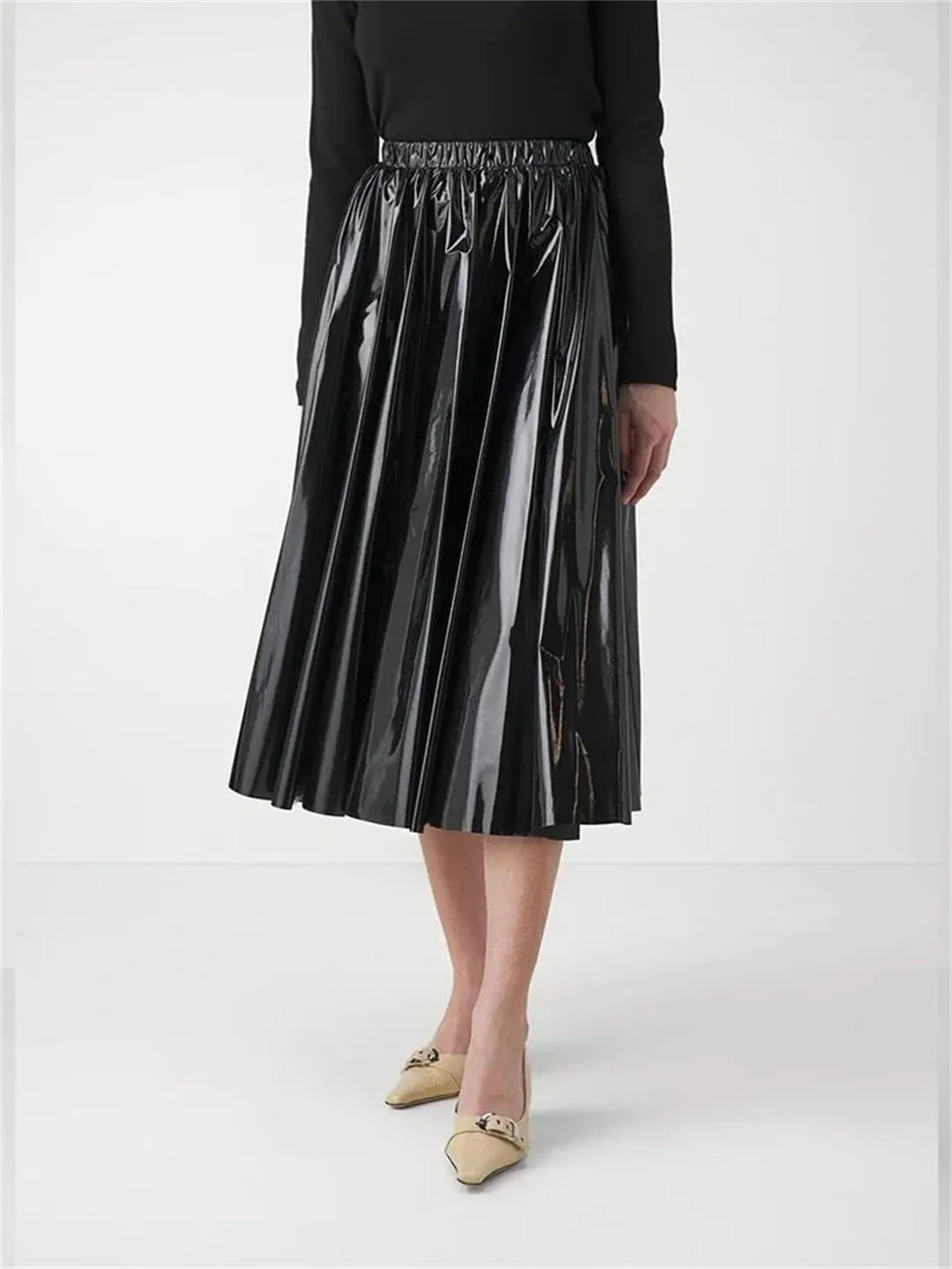 Women Leather Pleated Midi Skirts Waist Skirts Stretch Elegant Knee Length Skirts