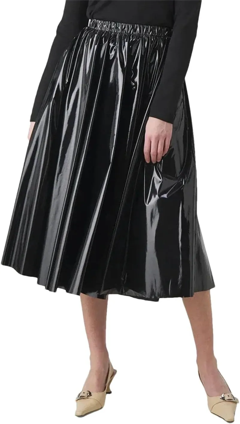 Women Leather Pleated Midi Skirts Waist Skirts Stretch Elegant Knee Length Skirts