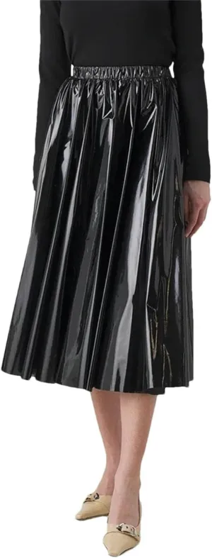 Women Leather Pleated Midi Skirts Waist Skirts Stretch Elegant Knee Length Skirts