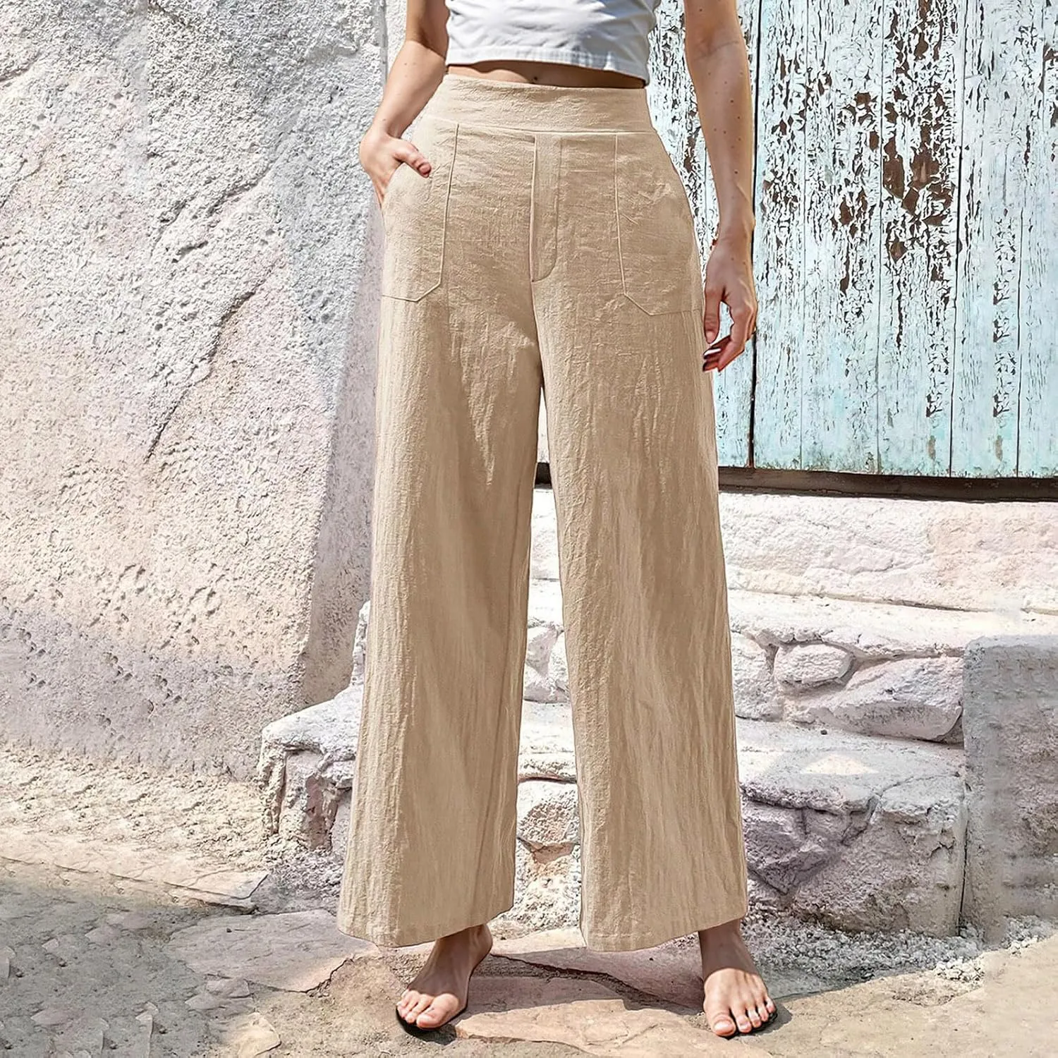 Women Linen Pants Summer Wide Leg Pants with Pockets Dressy Palazzo Pants Boho Flowy Beach Pants Dress Pants