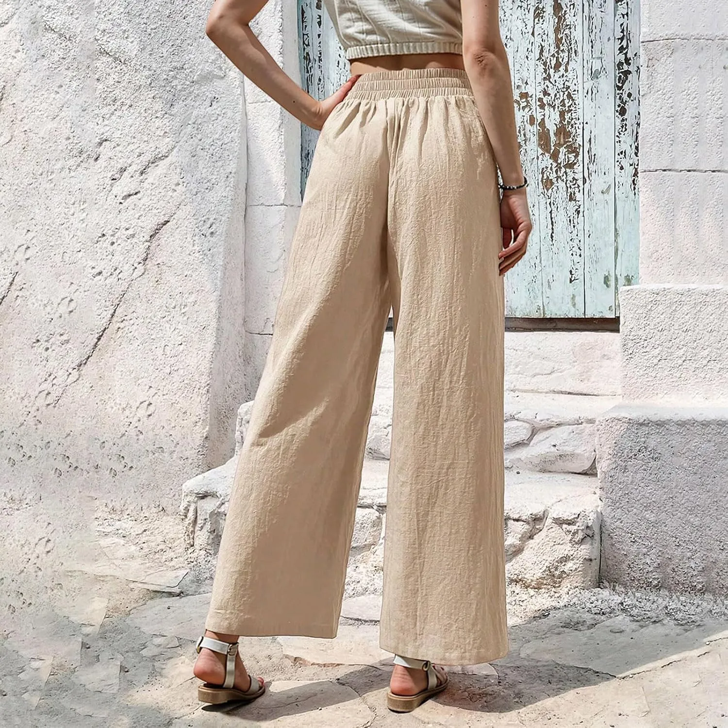Women Linen Pants Summer Wide Leg Pants with Pockets Dressy Palazzo Pants Boho Flowy Beach Pants Dress Pants