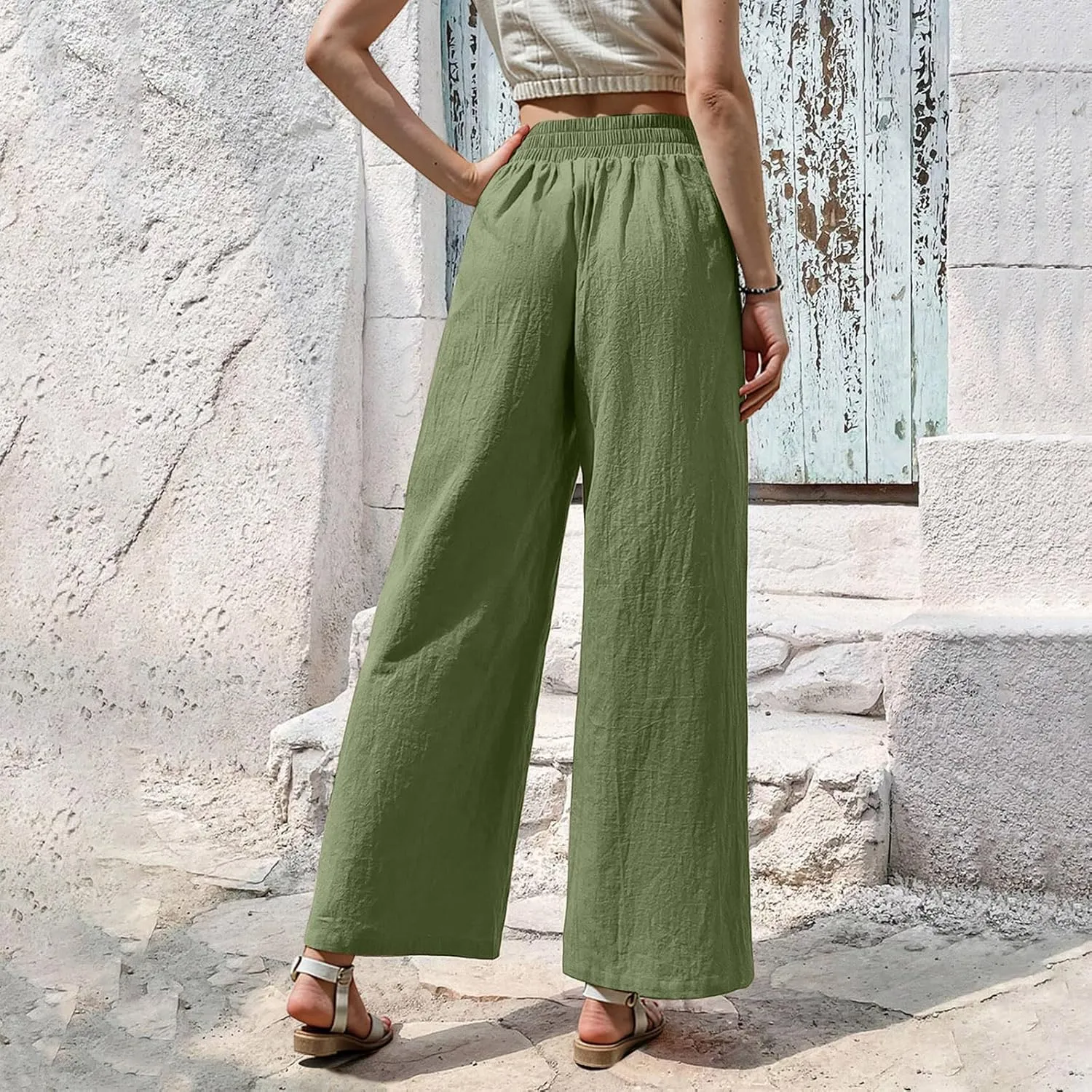Women Linen Pants Summer Wide Leg Pants with Pockets Dressy Palazzo Pants Boho Flowy Beach Pants Dress Pants