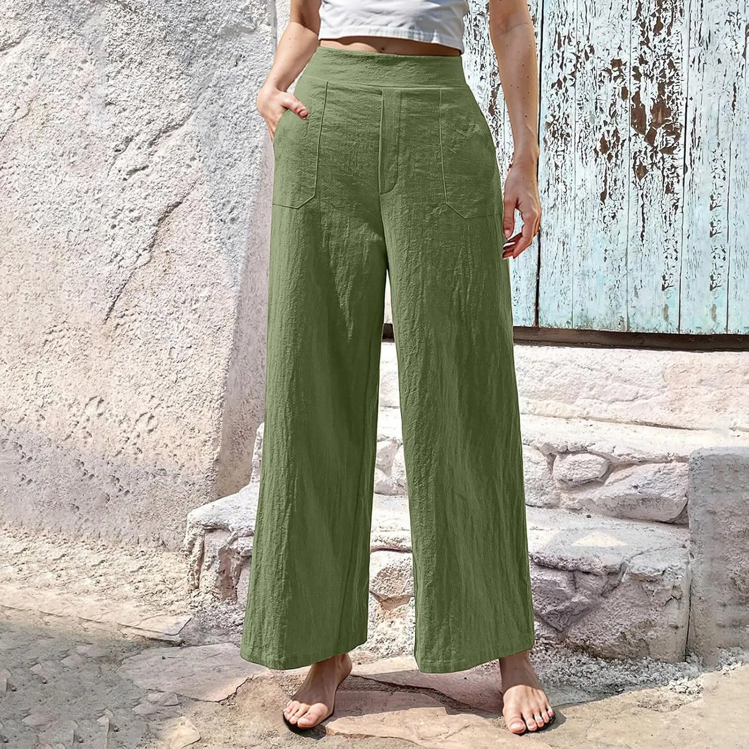 Women Linen Pants Summer Wide Leg Pants with Pockets Dressy Palazzo Pants Boho Flowy Beach Pants Dress Pants
