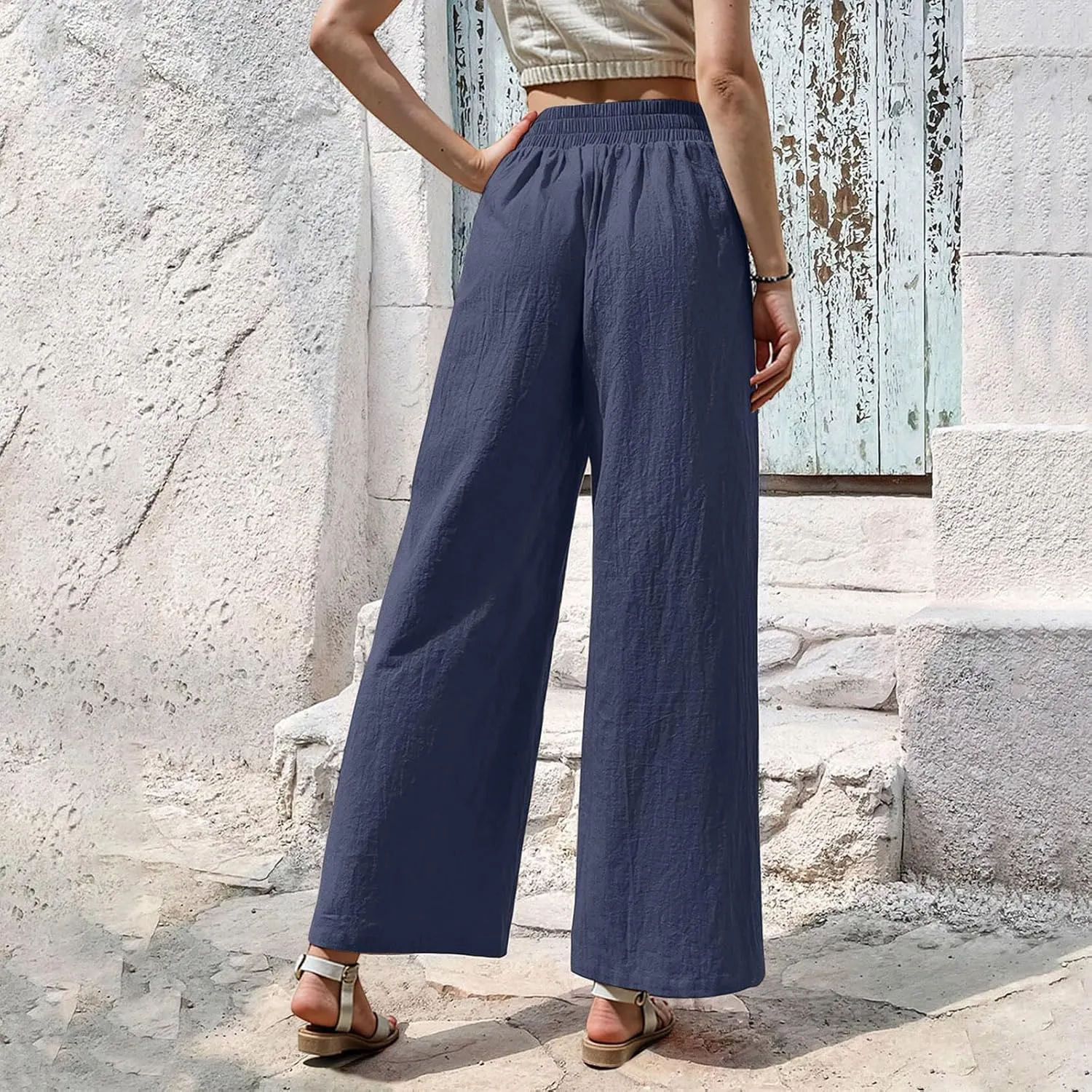 Women Linen Pants Summer Wide Leg Pants with Pockets Dressy Palazzo Pants Boho Flowy Beach Pants Dress Pants