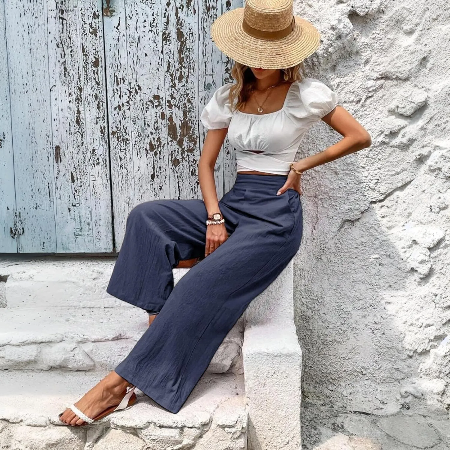 Women Linen Pants Summer Wide Leg Pants with Pockets Dressy Palazzo Pants Boho Flowy Beach Pants Dress Pants