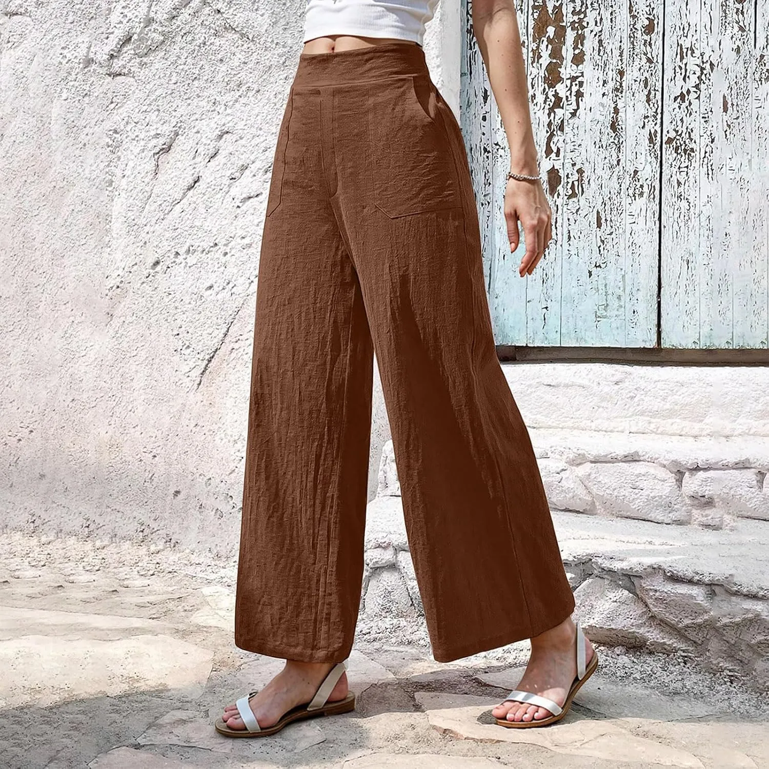 Women Linen Pants Summer Wide Leg Pants with Pockets Dressy Palazzo Pants Boho Flowy Beach Pants Dress Pants