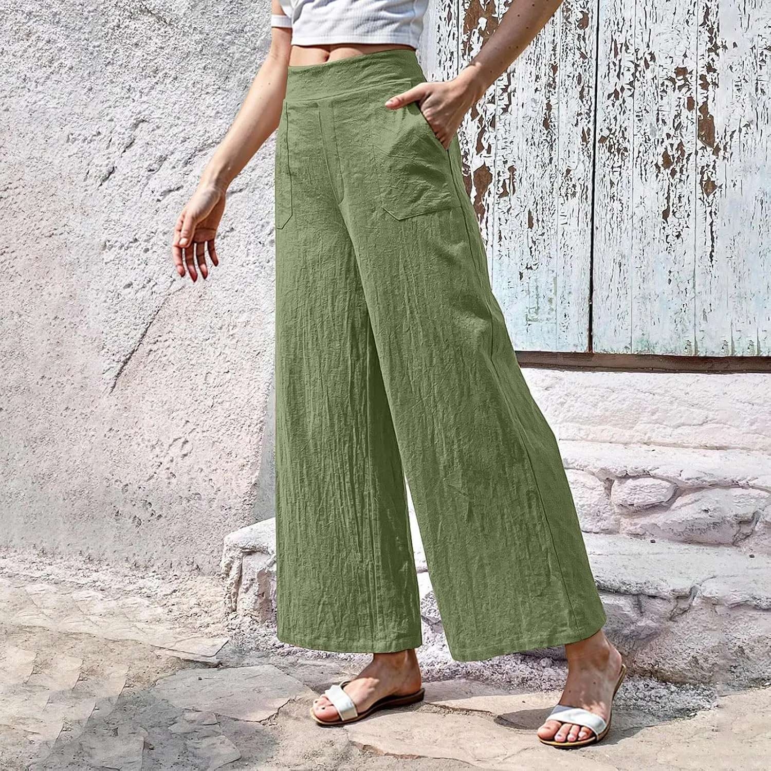 Women Linen Pants Summer Wide Leg Pants with Pockets Dressy Palazzo Pants Boho Flowy Beach Pants Dress Pants