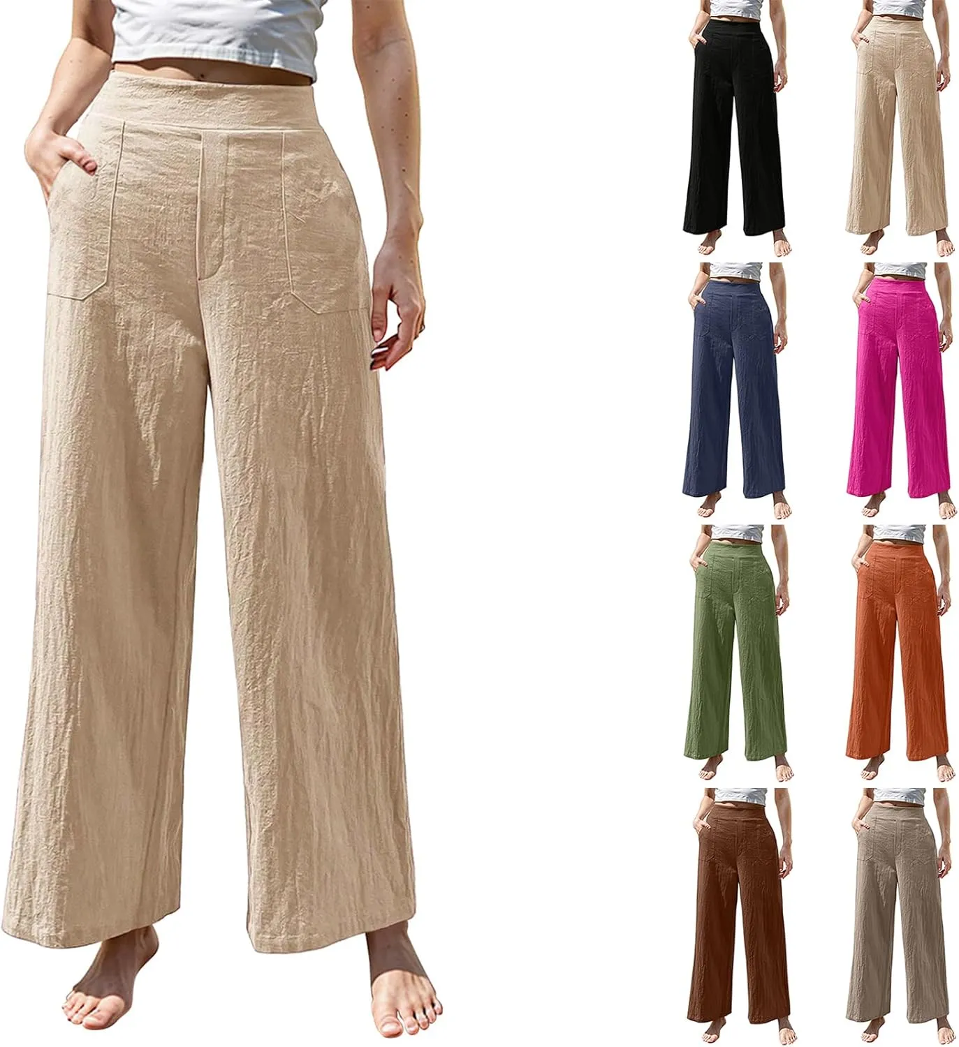 Women Linen Pants Summer Wide Leg Pants with Pockets Dressy Palazzo Pants Boho Flowy Beach Pants Dress Pants