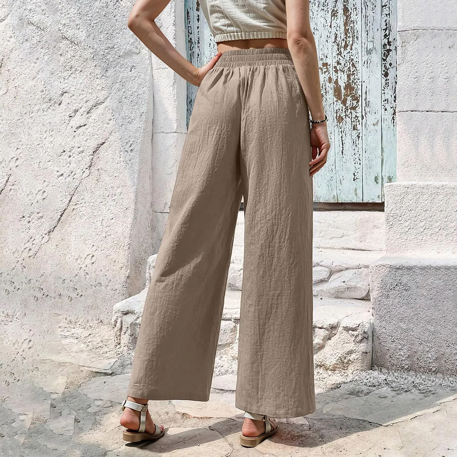Women Linen Pants Summer Wide Leg Pants with Pockets Dressy Palazzo Pants Boho Flowy Beach Pants Dress Pants