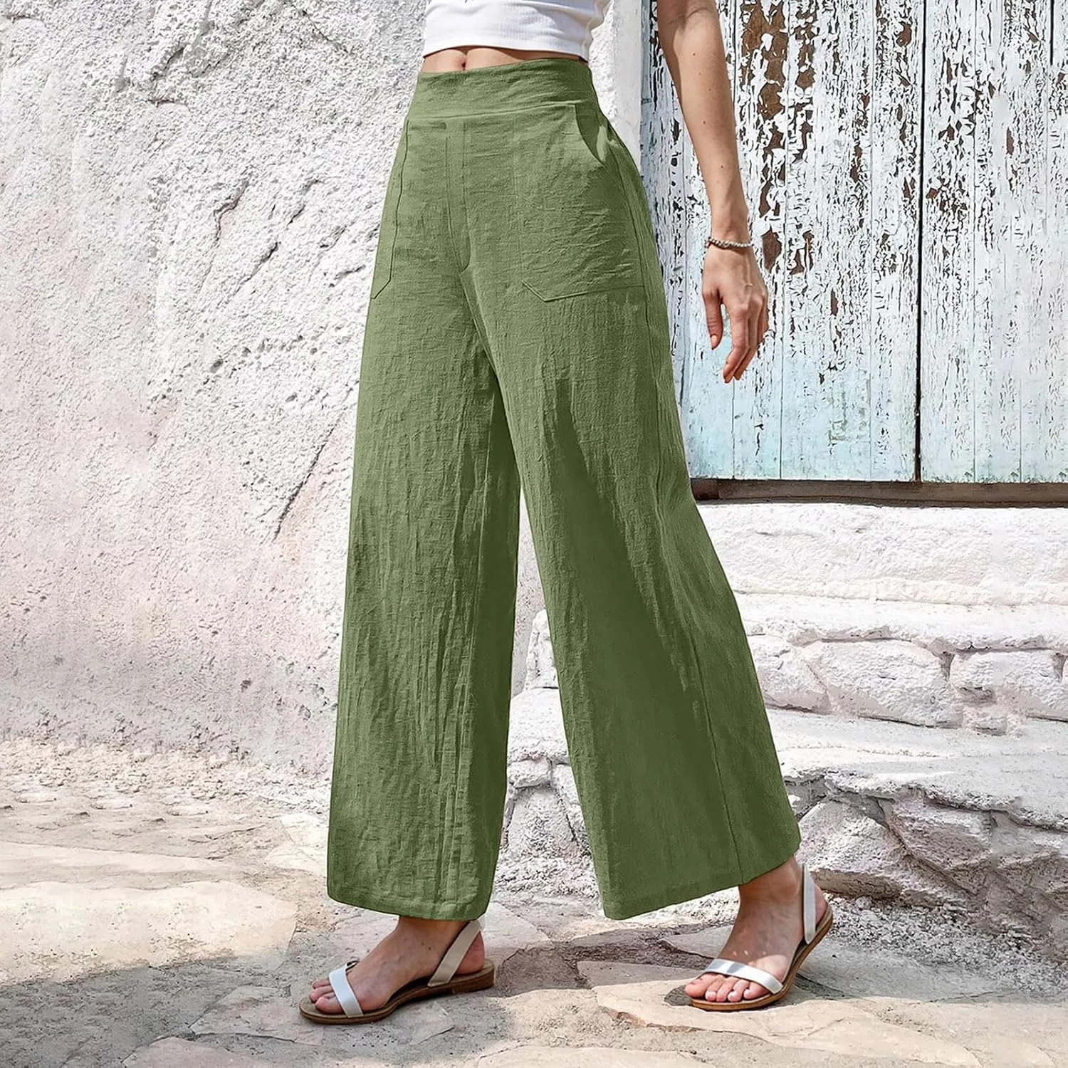 Women Linen Pants Summer Wide Leg Pants with Pockets Dressy Palazzo Pants Boho Flowy Beach Pants Dress Pants