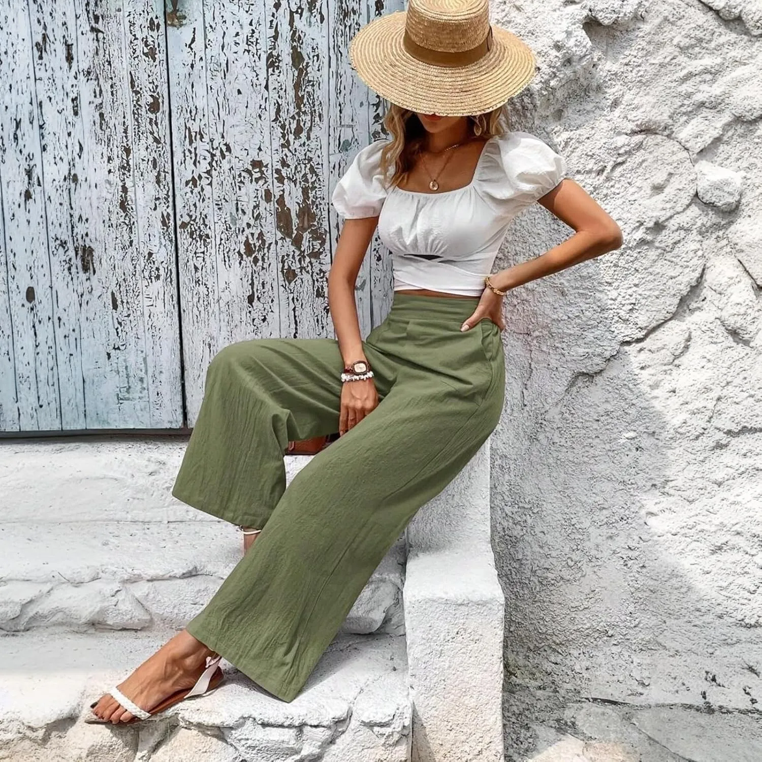 Women Linen Pants Summer Wide Leg Pants with Pockets Dressy Palazzo Pants Boho Flowy Beach Pants Dress Pants