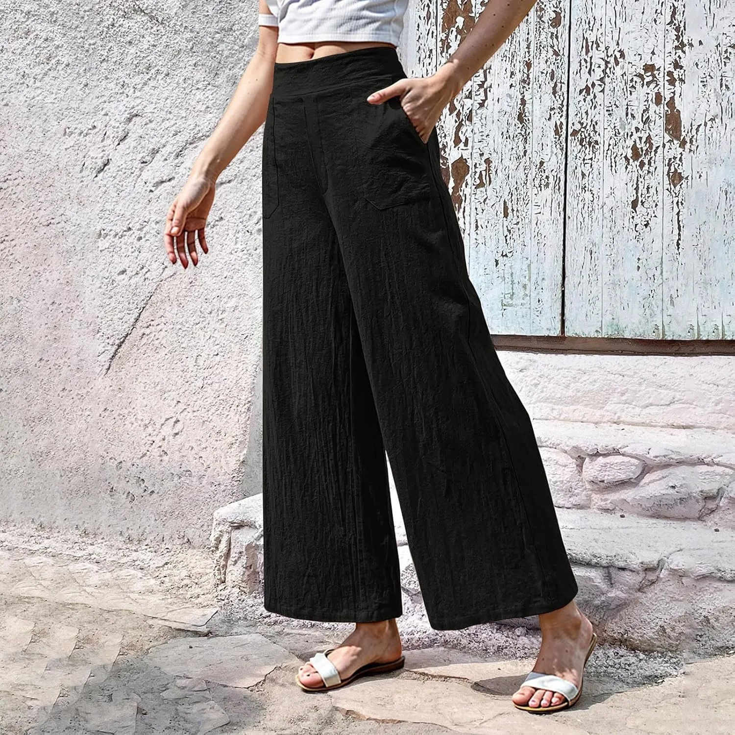 Women Linen Pants Summer Wide Leg Pants with Pockets Dressy Palazzo Pants Boho Flowy Beach Pants Dress Pants